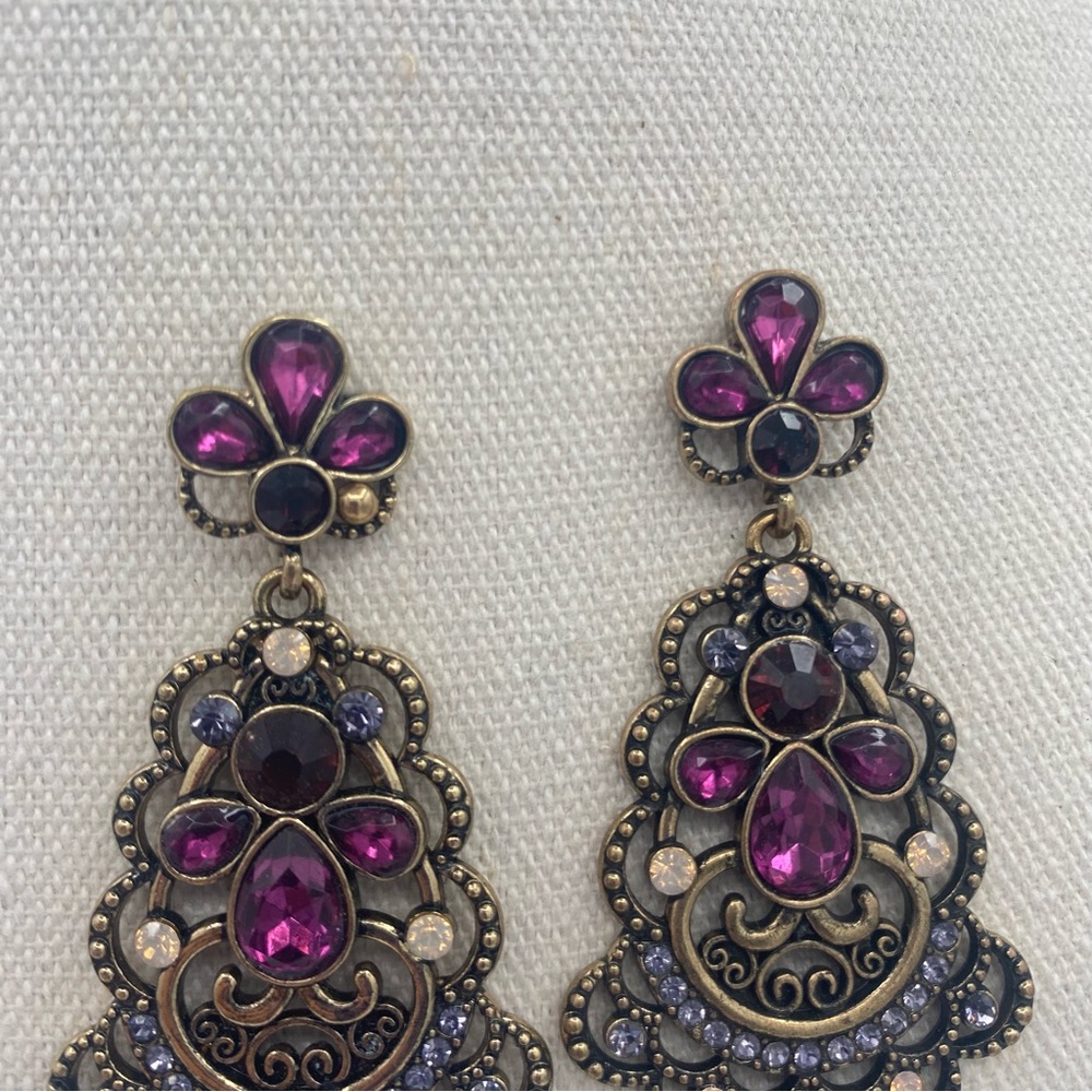 Elegant Purple and Gold Statement Earrings - Picture 3 of 5
